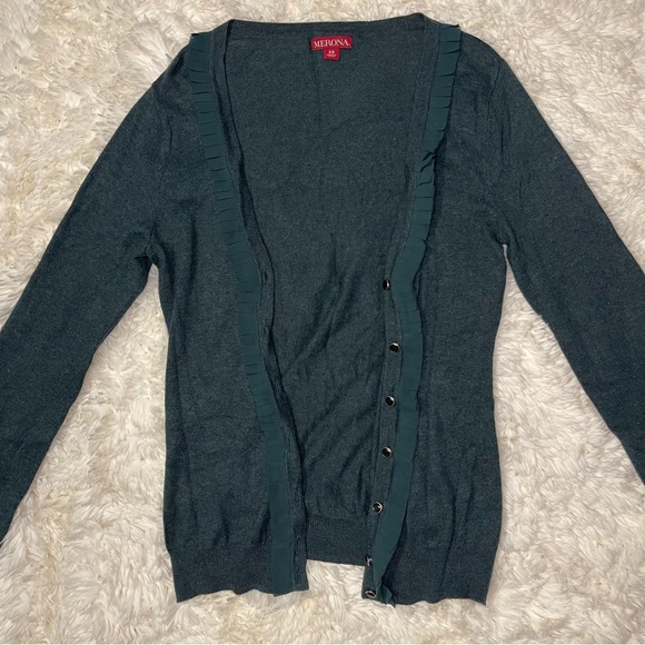 Merona Dark Green Button Up Cardigan w/ Ruffle Trim - Picture 3 of 8